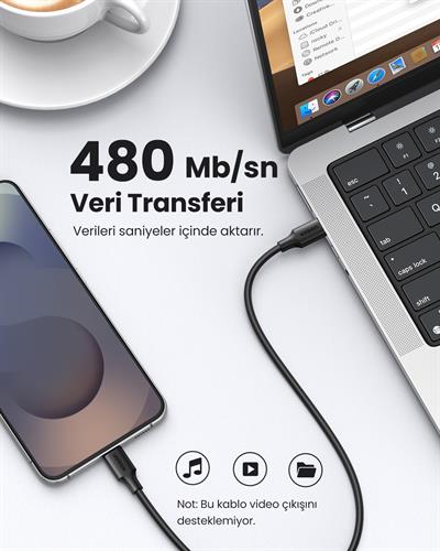 UGREEN USB-C 60W 3A QC PD Hızlı Şarj Kablosu, 1 Metre, Siyah, 50997