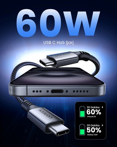 UGREEN USB-C 60W 3A QC PD Örgülü Hızlı Şarj Kablosu, 2 Metre, Siyah, 15374