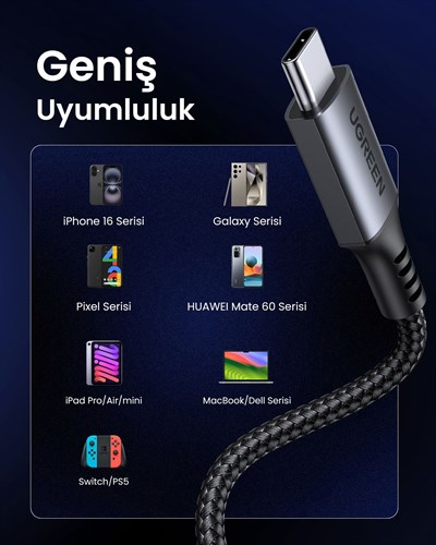 UGREEN USB-C 60W 3A QC PD Örgülü Hızlı Şarj Kablosu, 2 Metre, Siyah, 15374