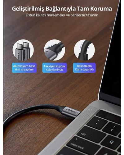 UGREEN USB-C 60W Thunderbolt USB3.1 GEN1 3A QC PD Hızlı Şarj Kablosu, 1.5 Metre, Siyah, 50751