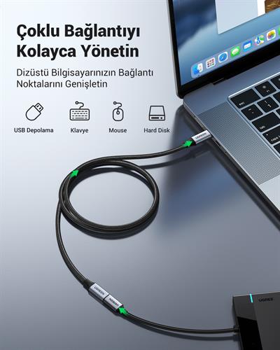 Ugreen USB C 3.1 Gen2 100W Thunderbolt 3 Alüminyum Gövde Örgülü Uzatma Kablosu 1m, Siyah, 30205