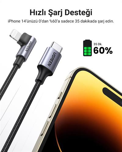 UGREEN USB-C to Lightning 3A QC PD 90 Derece Örgülü Hızlı Şarj Kablosu, 2 Metre, Siyah, 60765