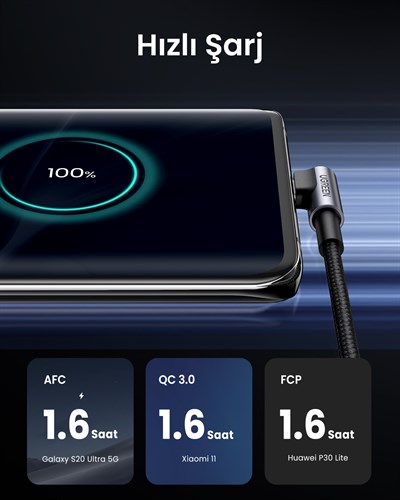 UGREEN USB-C to USB-A 3A QC 90 Derece Hızlı Şarj Kablosu, 2 Metre, Uzay Grisi, 50942