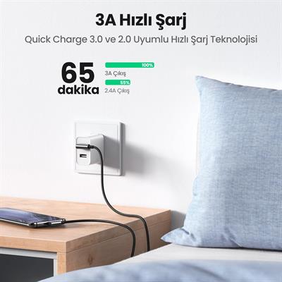 UGREEN USB-C to USB-A 3A QC 90 Derece Hızlı Şarj Kablosu, 3 Metre, Uzay Grisi, 70875
