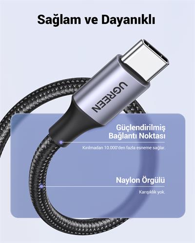 UGREEN USB-C to USB-A 3A QC Örgülü Hızlı Şarj Kablosu, 3 Metre, Siyah, 60408