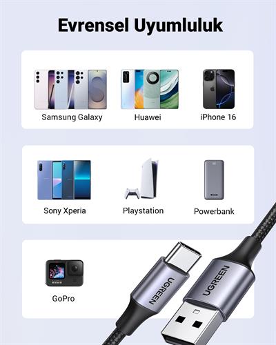 UGREEN USB-C to USB-A 3A QC Örgülü Hızlı Şarj Kablosu, 3 Metre, Siyah, 60408
