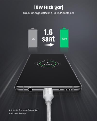 UGREEN USB-C to USB-A 3A QC Örgülü Hızlı Şarj Kablosu, 2 Metre, Gümüş Beyazı, 60133