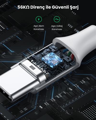 UGREEN USB-C to USB-A 3A QC Örgülü Hızlı Şarj Kablosu, 2 Metre, Gümüş Beyazı, 60133