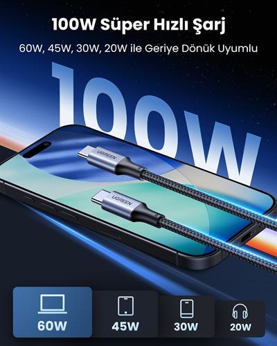 UGREEN USB-C 100W 5A QC PD Örgülü Hızlı Şarj Kablosu, 3 Metre, Siyah, 90120