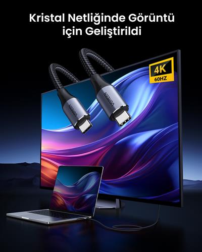 UGREEN USB-C 100W Thunderbolt USB3.1 GEN2 5A QC PD Hızlı Şarj Kablosu, 1 Metre, Siyah, 80150