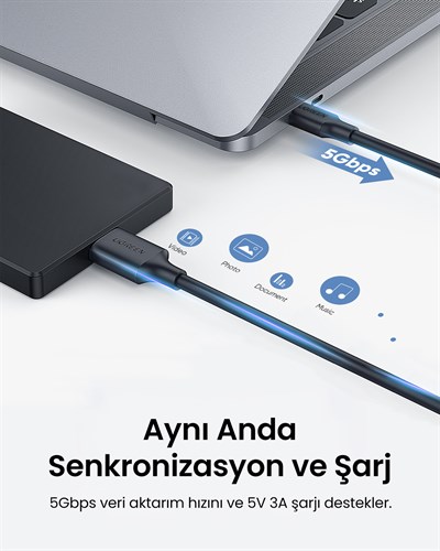 UGREEN USB-C to USB Micro B 1 Metre, Siyah, 20103