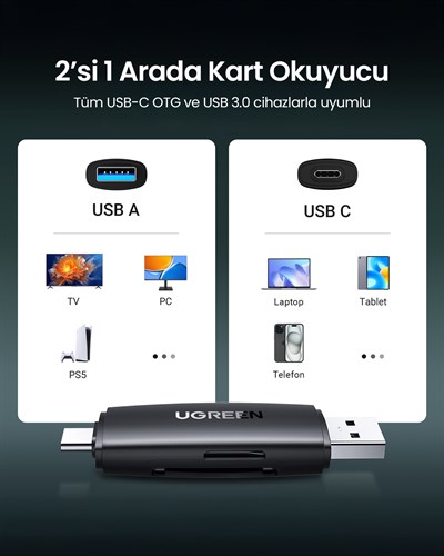 UGREEN USB-C ve USB-A 3.0 SD MicroSD Kart Okuyucu, 80191