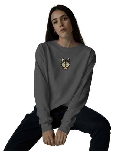 Husky Baskılı Kadın Sweatshirt – Minimal Göğüs Baskı Antrasit Regular Fit