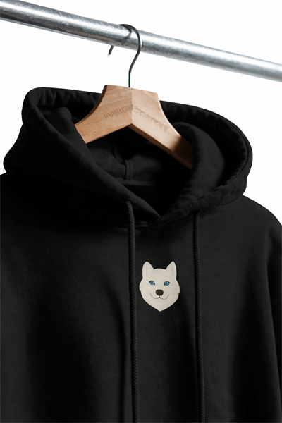 Minimal Husky Figürlü Siyah Unisex Kapüşonlu Sweatshirt – DTF Baskı