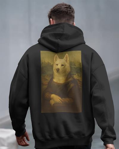 Mona Lisa Köpek Tasarımlı Siyah Unisex Kapüşonlu Sweatshirt – Sanatsal & Retro Hoodie