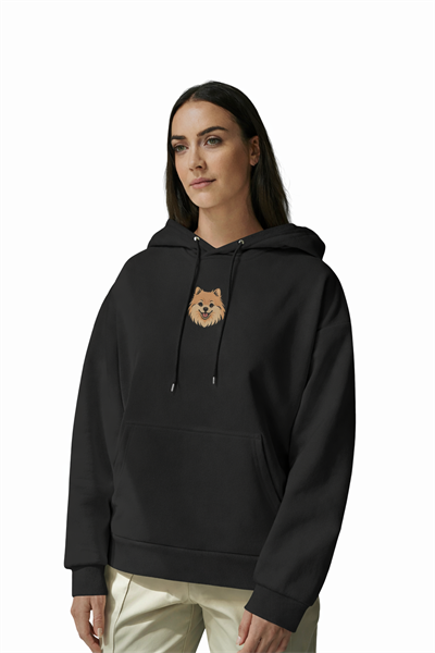 Pomeranian Figürlü Siyah Unisex Kapüşonlu Sweatshirt – DTF Baskı