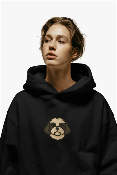 Shih Tzu Figürlü Siyah Unisex Kapüşonlu Sweatshirt – DTF Baskı