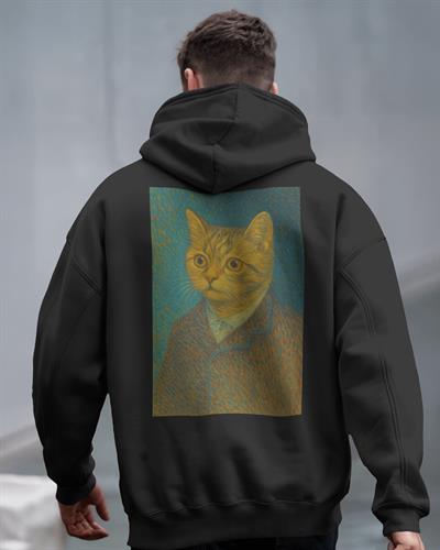 Van Gogh Kedi Tasarımlı Siyah Unisex Kapüşonlu Sweatshirt – Sanatsal & Retro Hoodie
