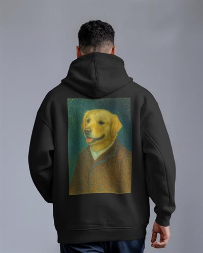 Van Gogh Köpek Tasarımlı Siyah Unisex Kapüşonlu Sweatshirt – Sanatsal & Retro Hoodie