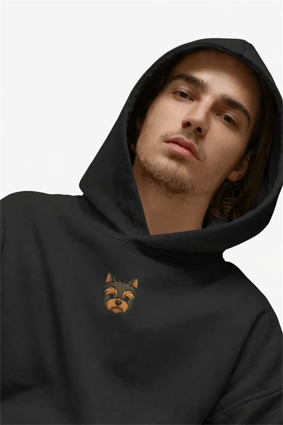 Yorkshire Terrier Figürlü Siyah Unisex Kapüşonlu Sweatshirt – DTF Baskı