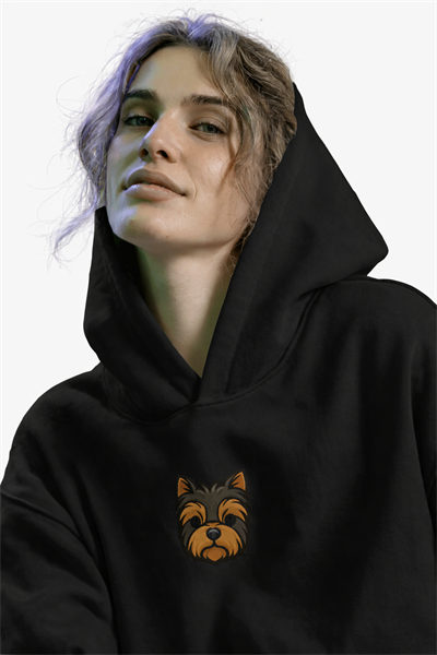 Yorkshire Terrier Figürlü Siyah Unisex Kapüşonlu Sweatshirt – DTF Baskı