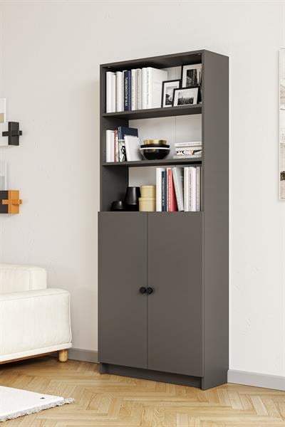Bili Kitaplık 5 Raflı 2 Kapaklı Çok Amaçlı Ofis Salon Kitap Dosya Rafı Antrasit