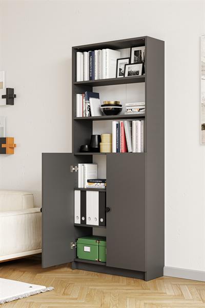 Bili Kitaplık 5 Raflı 2 Kapaklı Çok Amaçlı Ofis Salon Kitap Dosya Rafı Antrasit