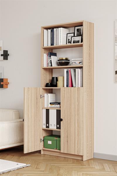 Bili Kitaplık 5 Raflı 2 Kapaklı Çok Amaçlı Ofis Salon Kitap Dosya Rafı Meşe