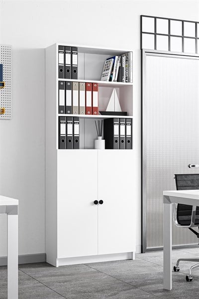 Tera Kitaplık 5 Raflı 2 Kapaklı Çok Amaçlı Ofis Salon Kitap Dosya Rafı Ayarlanabilir Raflı Kitaplık Beyaz