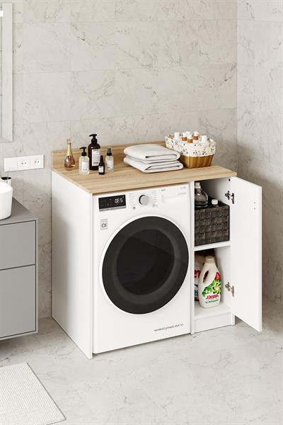 Tirza Çamaşır Makinası Dolabı 2 Raflı 1 Kapaklı Banyo Dolabı Beyaz Meşe