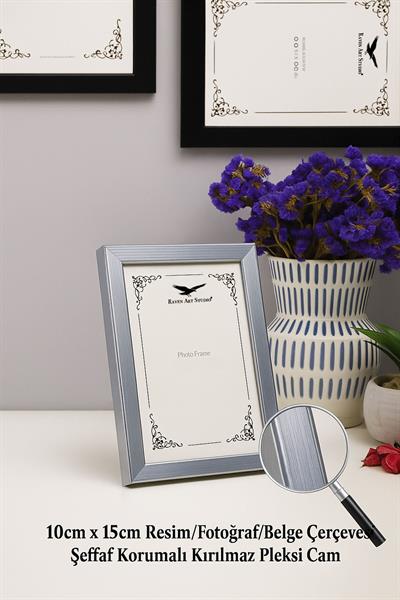 Ermitaj 10cm x 15cm Gümüş Resim Fotoğraf Belge Poster Evrak Çerçevesi Korumalı Kırılmaz Pleksi Cam