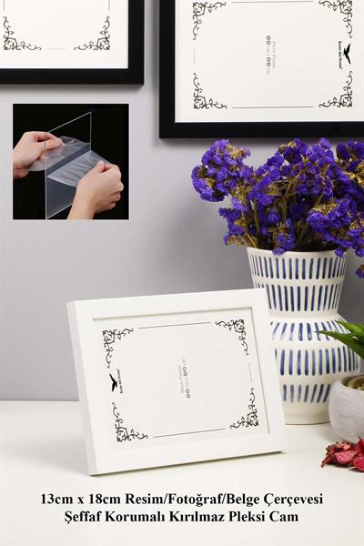 Ermitaj 13cm x 18cm Beyaz Resim Fotoğraf Belge Poster Evrak Çerçevesi Korumalı Kırılmaz Pleksi Cam