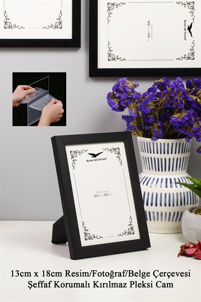 Ermitaj 13cm x 18cm Siyah Resim Fotoğraf Belge Poster Evrak Çerçevesi Korumalı Kırılmaz Pleksi Cam