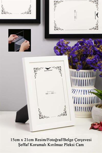 Ermitaj 15cm x 21cm Beyaz Resim Fotoğraf Belge Poster Evrak Çerçevesi Korumalı Kırılmaz Pleksi Cam