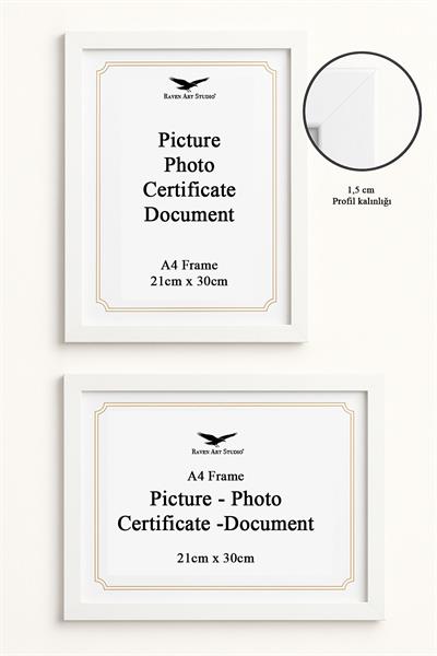 Ermitaj A4 Ebat 21cm x 30cm Beyaz Resim Fotoğraf Belge Poster Evrak Çerçevesi Korumalı Kırılmaz Pleksi Cam