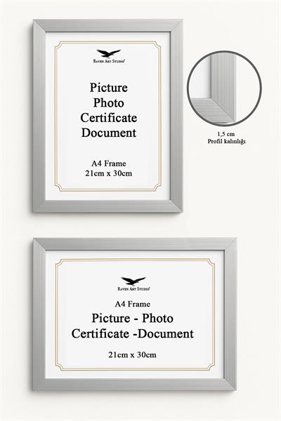 Ermitaj A4 Ebat 21cm x 30cm Gümüş Resim Fotoğraf Belge Poster Evrak Çerçevesi Korumalı Kırılmaz Pleksi Cam