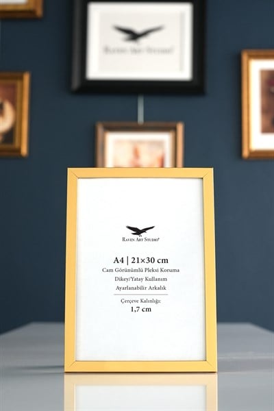 Ermitaj A4 Ebat 21cm x 30cm Inox Altın Resim Fotoğraf Belge Poster Evrak Çerçevesi Korumalı Kırılmaz Pleksi Cam