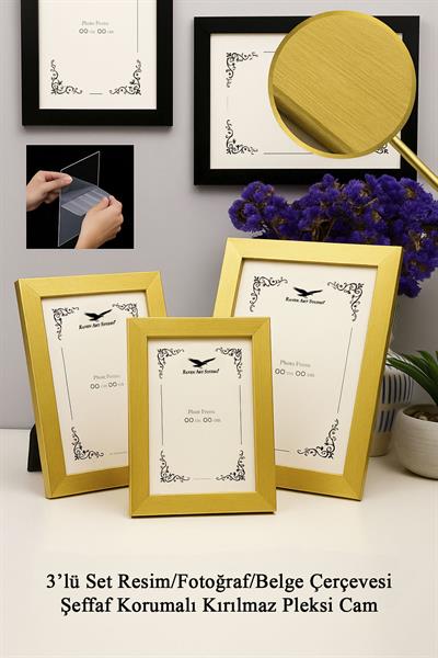 Ermitaj Altın 3lü Set 10x15cm + 13x18cm + 15x21cm Korumalı Kırılmaz Pleksi Cam