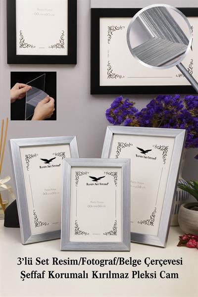 Ermitaj Gümüş 3lü Set 10x15cm + 13x18cm + 15x21cm Korumalı Kırılmaz Pleksi Cam