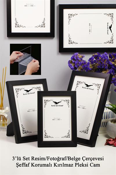 Ermitaj Siyah 3lü Set 10x15cm + 13x18cm + 15x21cm Korumalı Kırılmaz Pleksi Cam