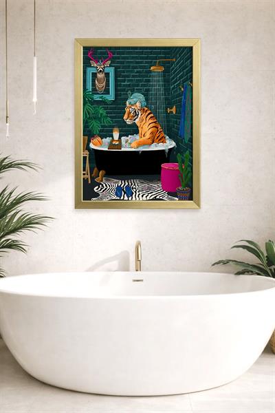 KOI Art Design Bath Tiger Tablo + Ermitaj A3-30x42 cm Altın Çerçeve