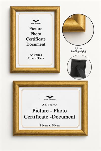 Pergamon A4-21x30cm Antik Altın Resim Fotoğraf Belge Poster Evrak Çerçevesi Korumalı Kırılmaz Pleksi Cam