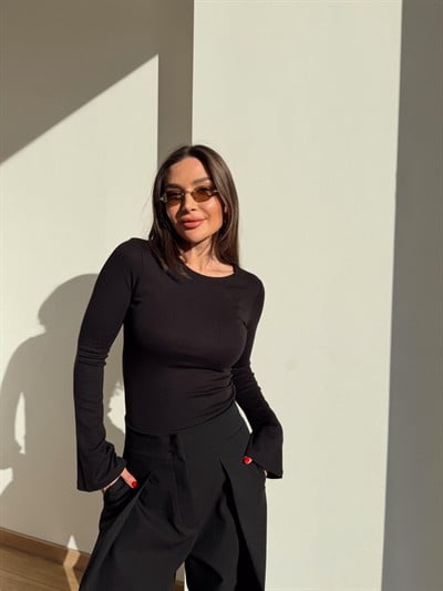 Bisiklet Yaka Uzun Kollu Bluz Siyah