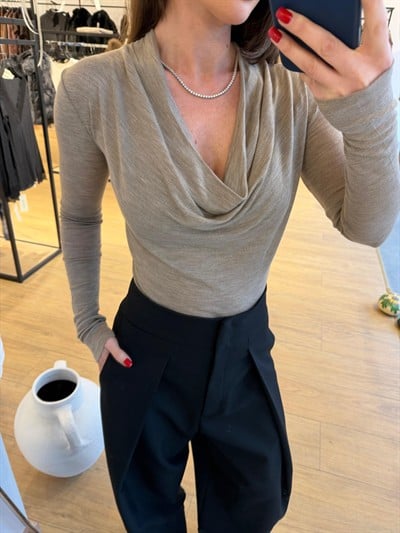 Degaje Yaka Yünlü Transparan Triko Vizon
