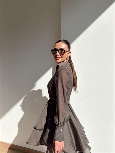 Gömlek Model Volanlı Elbise Vizon