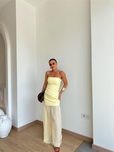 Kombinasyonlu Midi Straplez Elbise Sarı