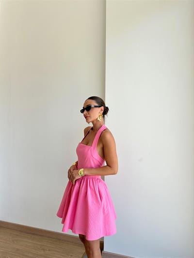 Pembe Sırt Dekolteli Mini Elbise