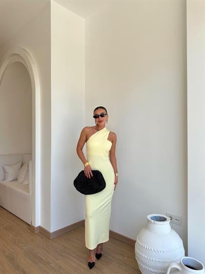 Sarı Tek Kol Yırtmaçlı Elbise 