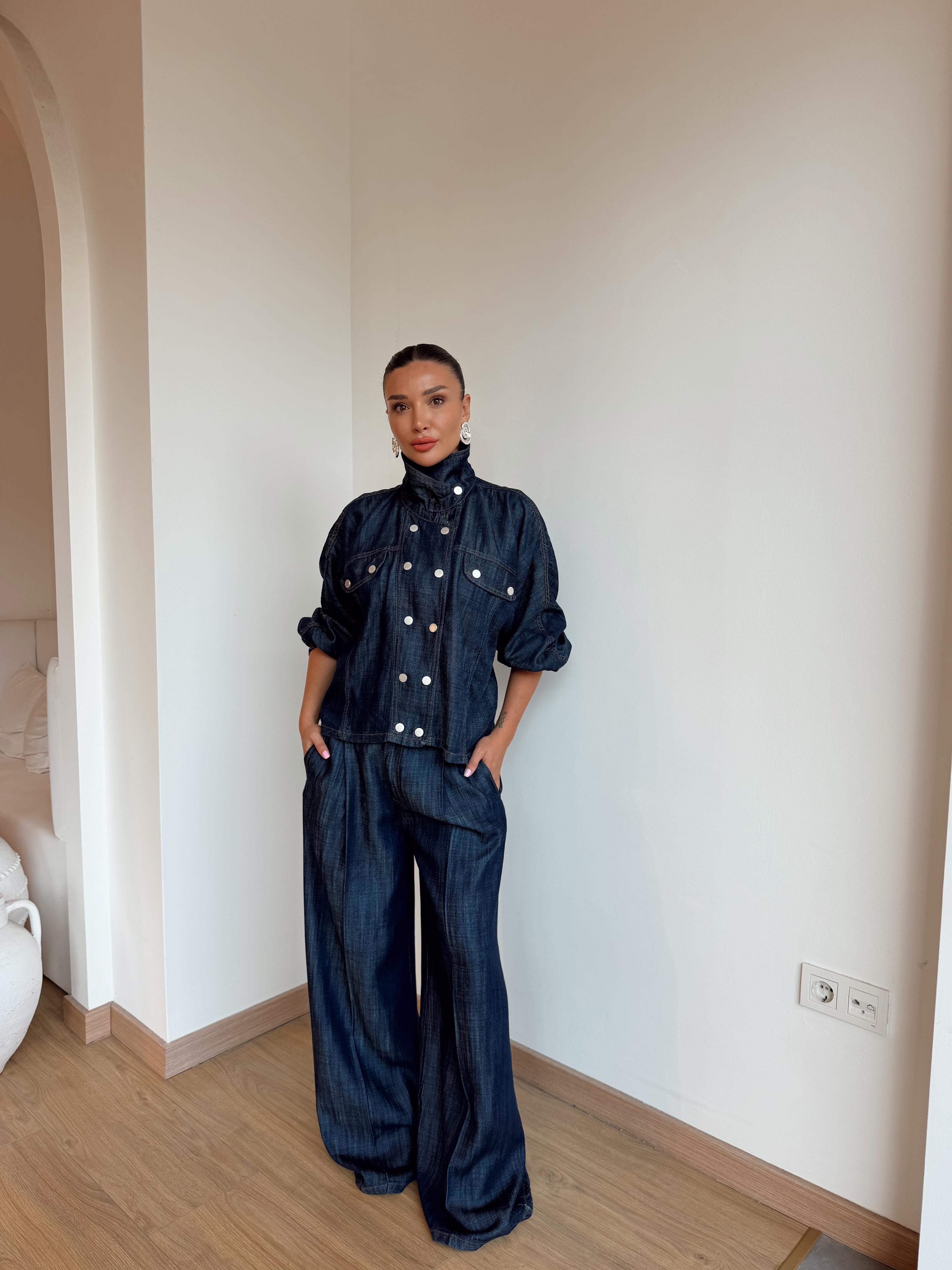 Denim Bol Paça Pens Geçişli Jean Lacivert · 2