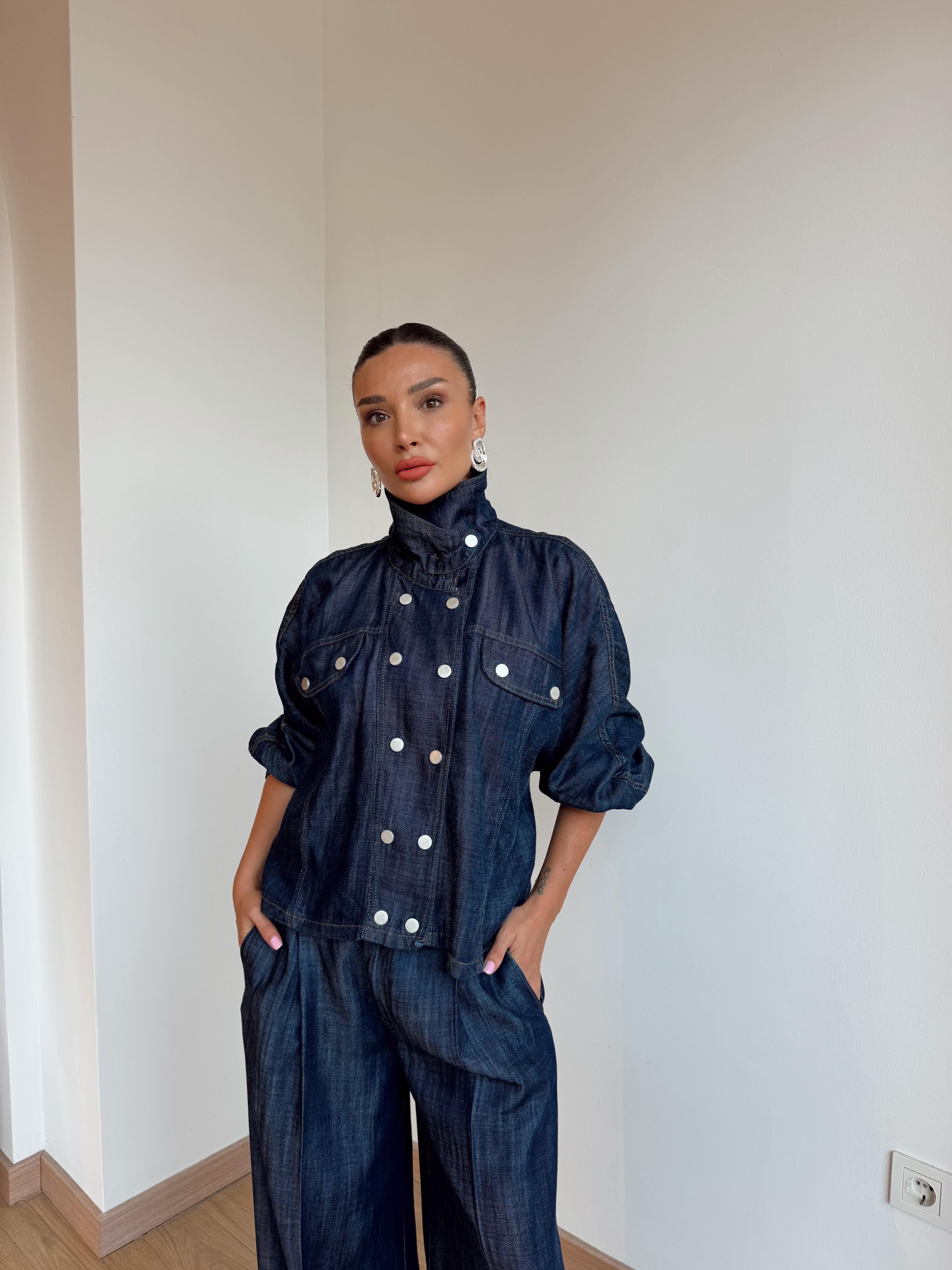 Dik Yaka Çıtçıt Düğmeli Denim Ceket Lacivert · 4